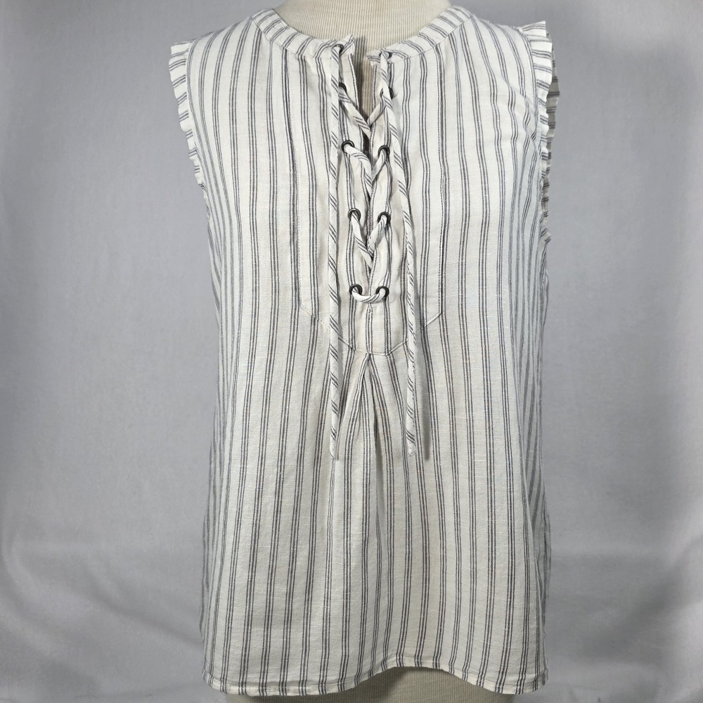 Banana Republic White & Navy Striped Linen Sleeveless Lace Up Blouse Top Size XS